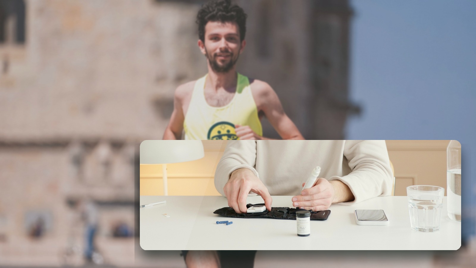 Pessoa correndo ao fundo com mesa em primeiro plano contendo celular e caneta de insulina